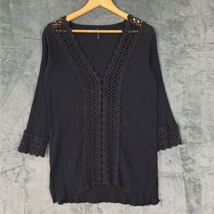 Womens Top Small Black Crochet Gauze‎ Boho Peasant Hippie Beach Vacation Resort